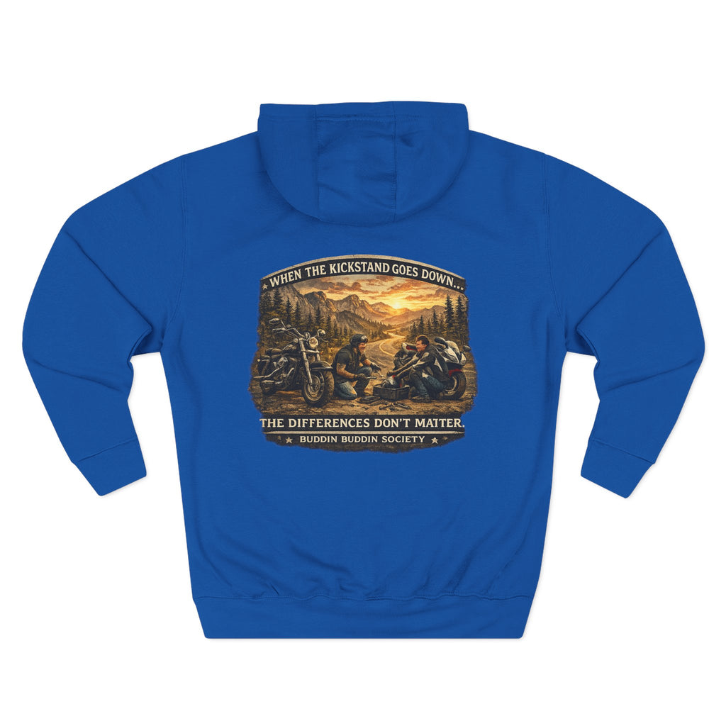 Three-Panel Fleece Hoodie — Biker Brotherhood Scenic Back Print ('When the Kickstand Goes Down')