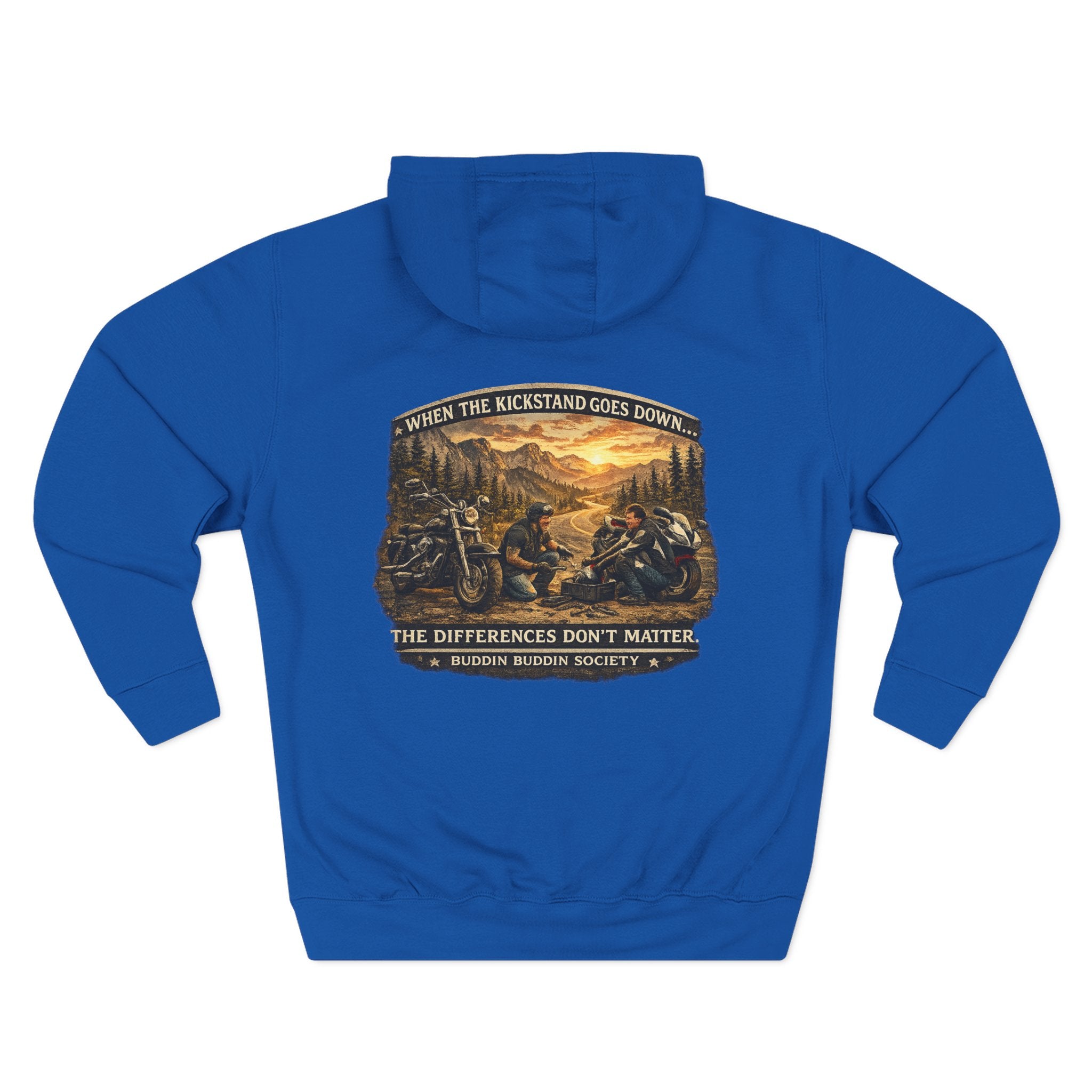 Three-Panel Fleece Hoodie — Biker Brotherhood Scenic Back Print ('When the Kickstand Goes Down')
