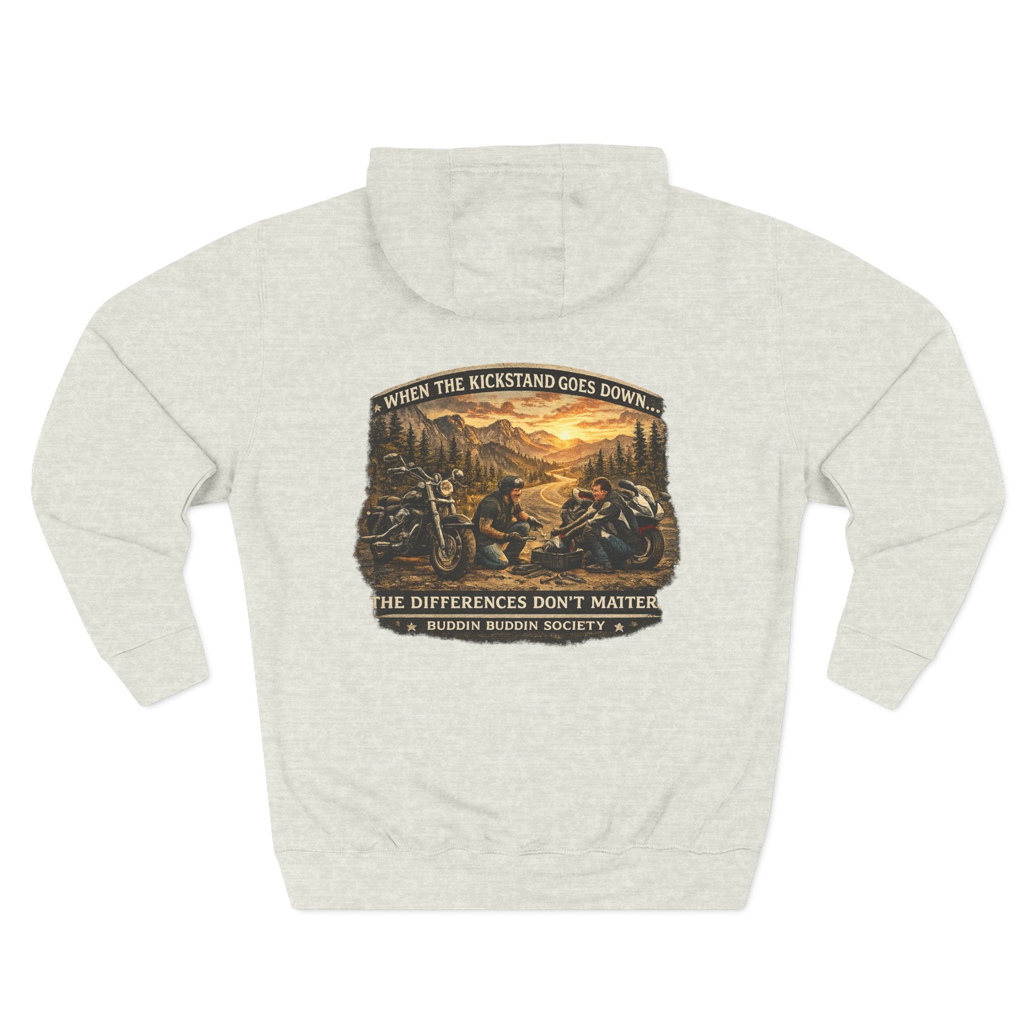 Three-Panel Fleece Hoodie — Biker Brotherhood Scenic Back Print ('When the Kickstand Goes Down')