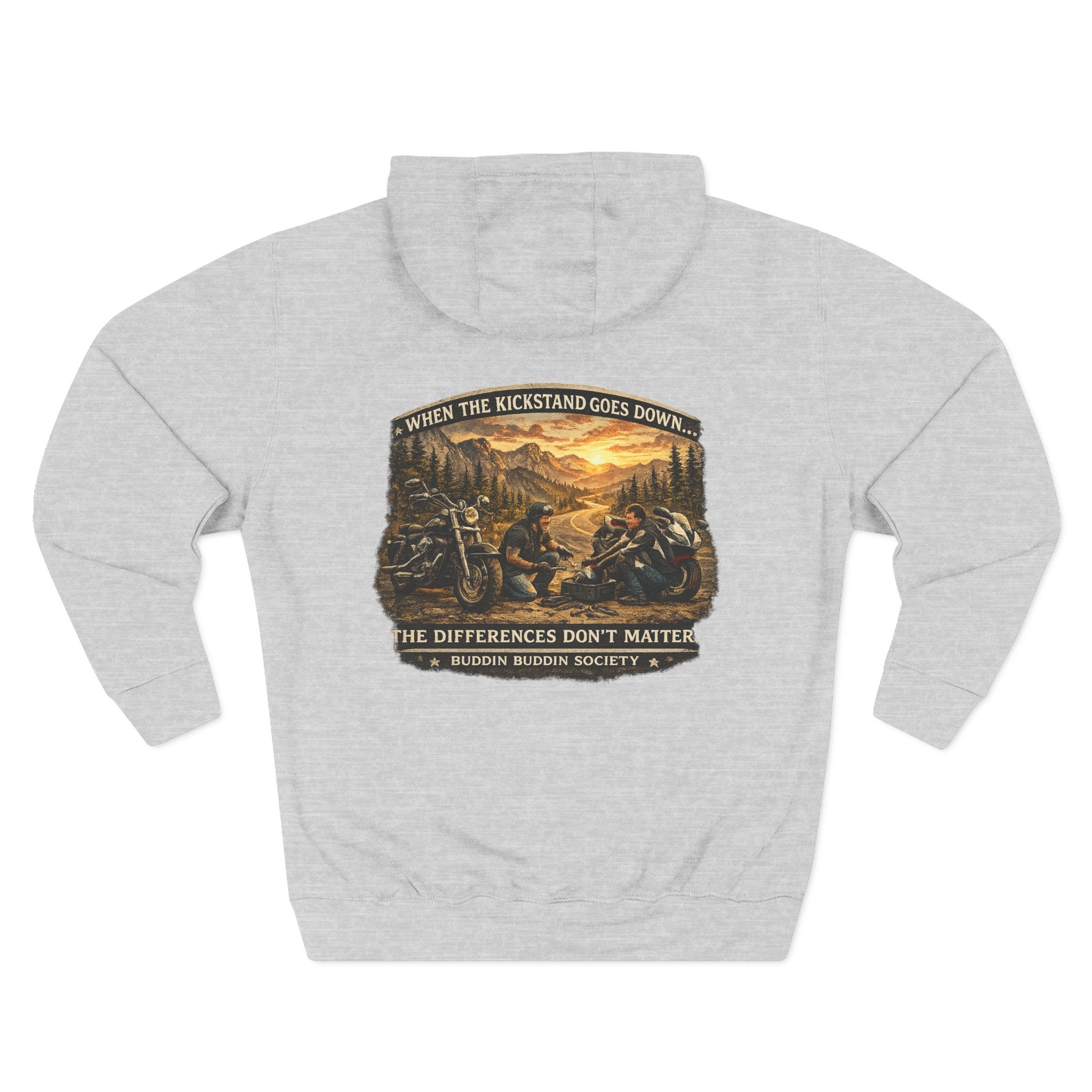 Three-Panel Fleece Hoodie — Biker Brotherhood Scenic Back Print ('When the Kickstand Goes Down')
