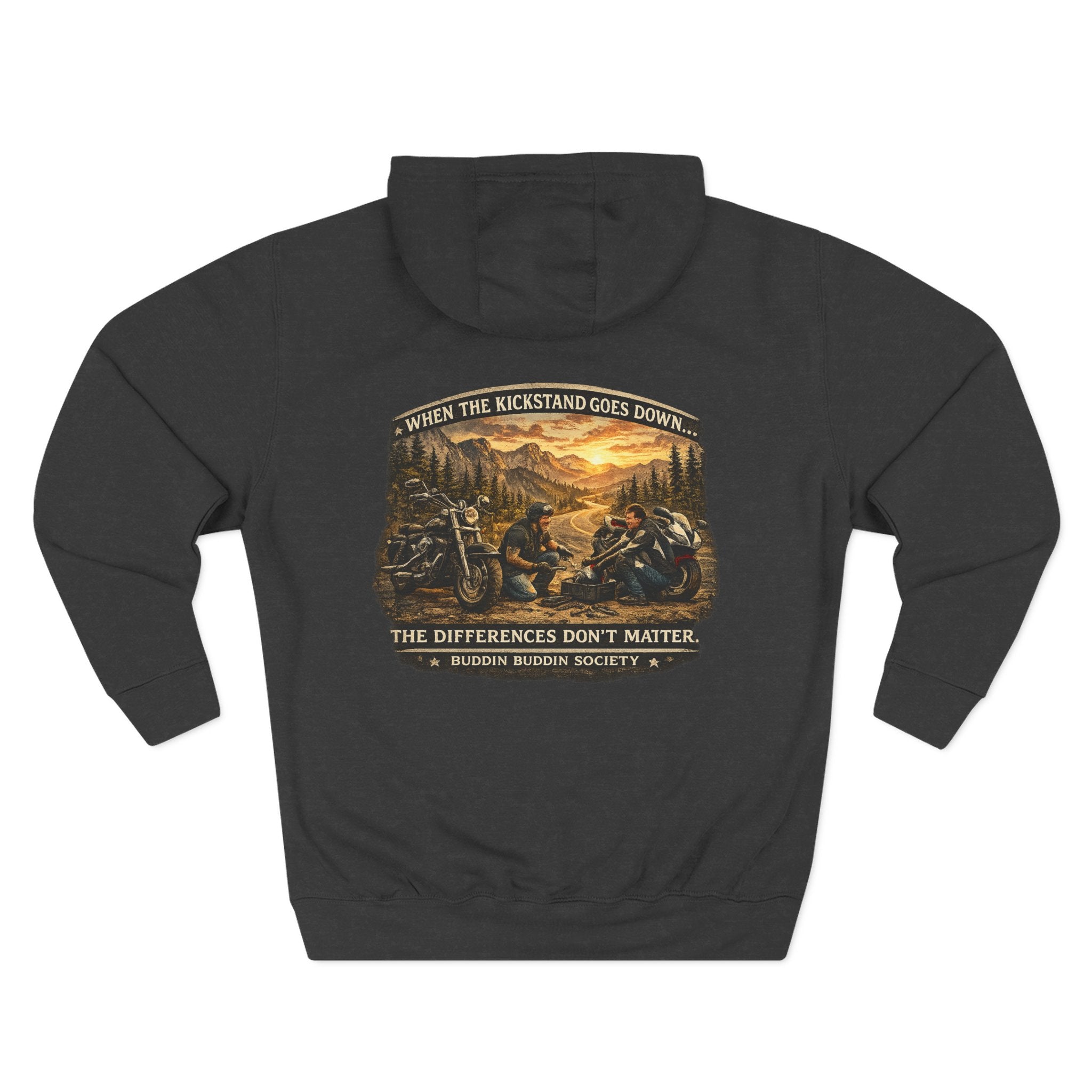 Three-Panel Fleece Hoodie — Biker Brotherhood Scenic Back Print ('When the Kickstand Goes Down')