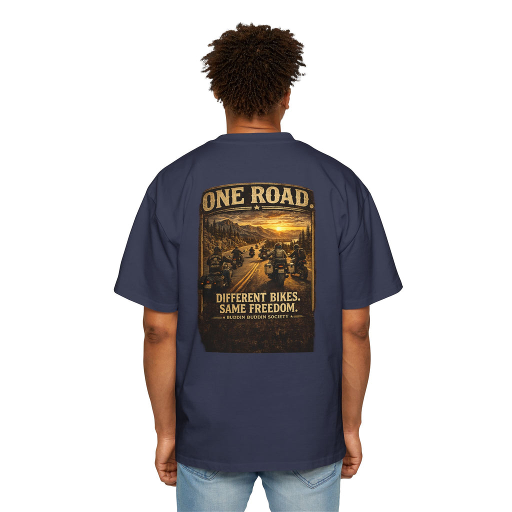 One Road Motorcycle Tee — "Different Bikes. Same Freedom." Oversized Men’s T‑Shirt