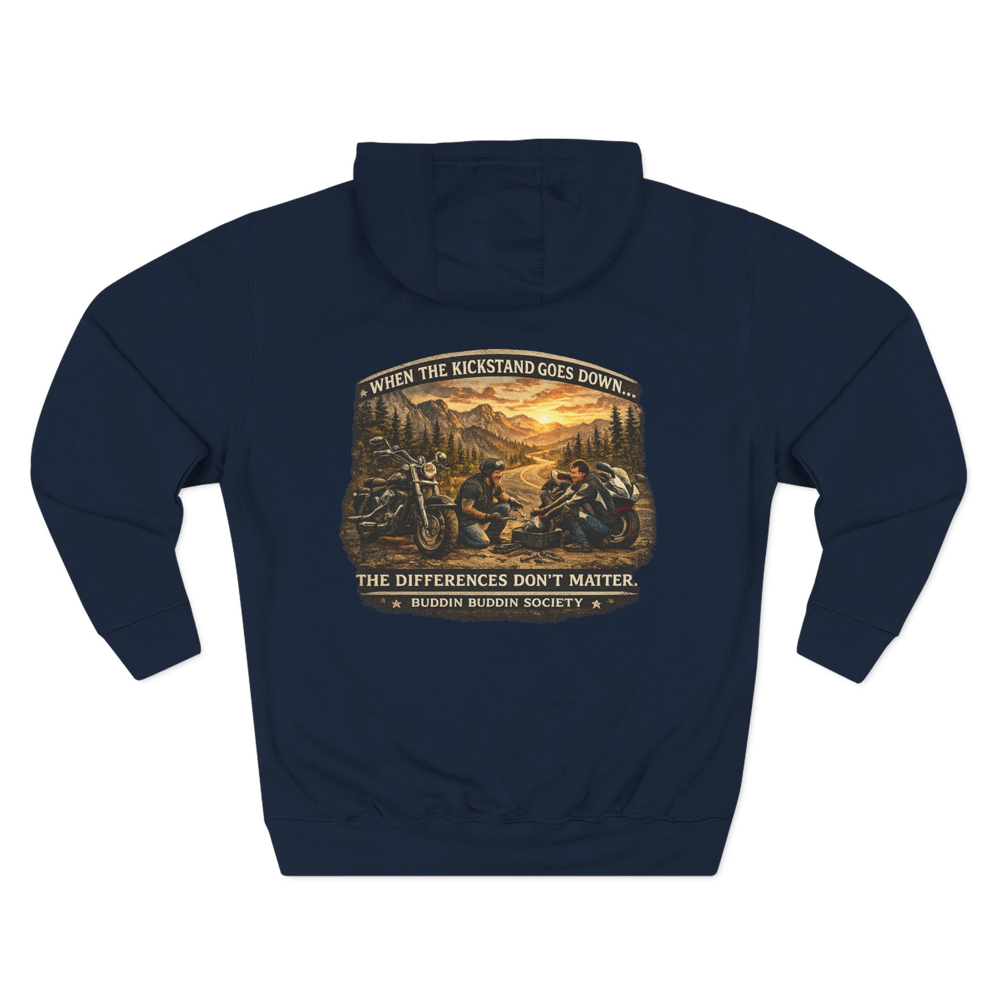 Three-Panel Fleece Hoodie — Biker Brotherhood Scenic Back Print ('When the Kickstand Goes Down')