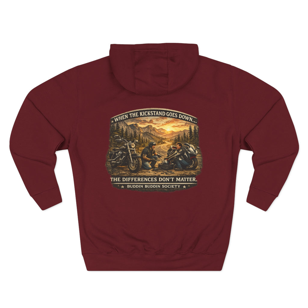 Three-Panel Fleece Hoodie — Biker Brotherhood Scenic Back Print ('When the Kickstand Goes Down')