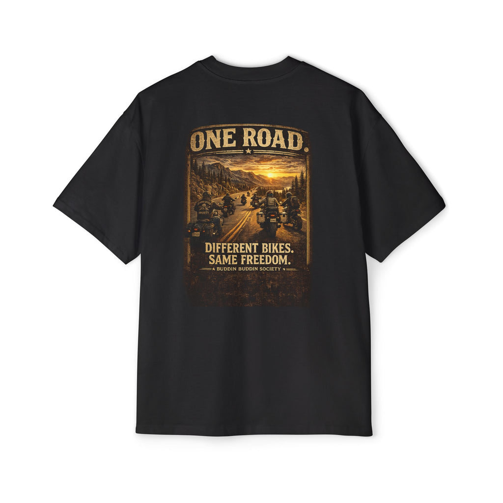 One Road Motorcycle Tee — "Different Bikes. Same Freedom." Oversized Men’s T‑Shirt