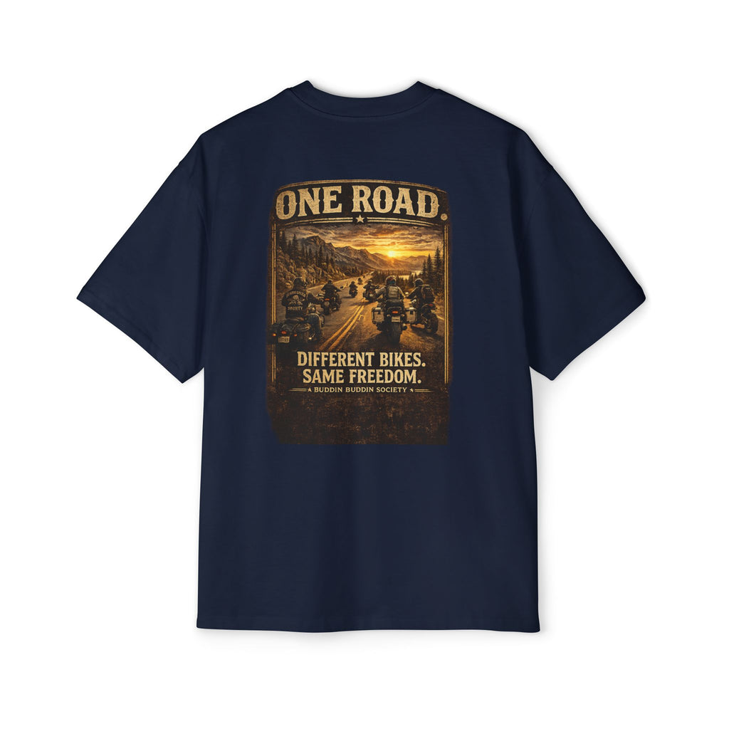 One Road Motorcycle Tee — "Different Bikes. Same Freedom." Oversized Men’s T‑Shirt