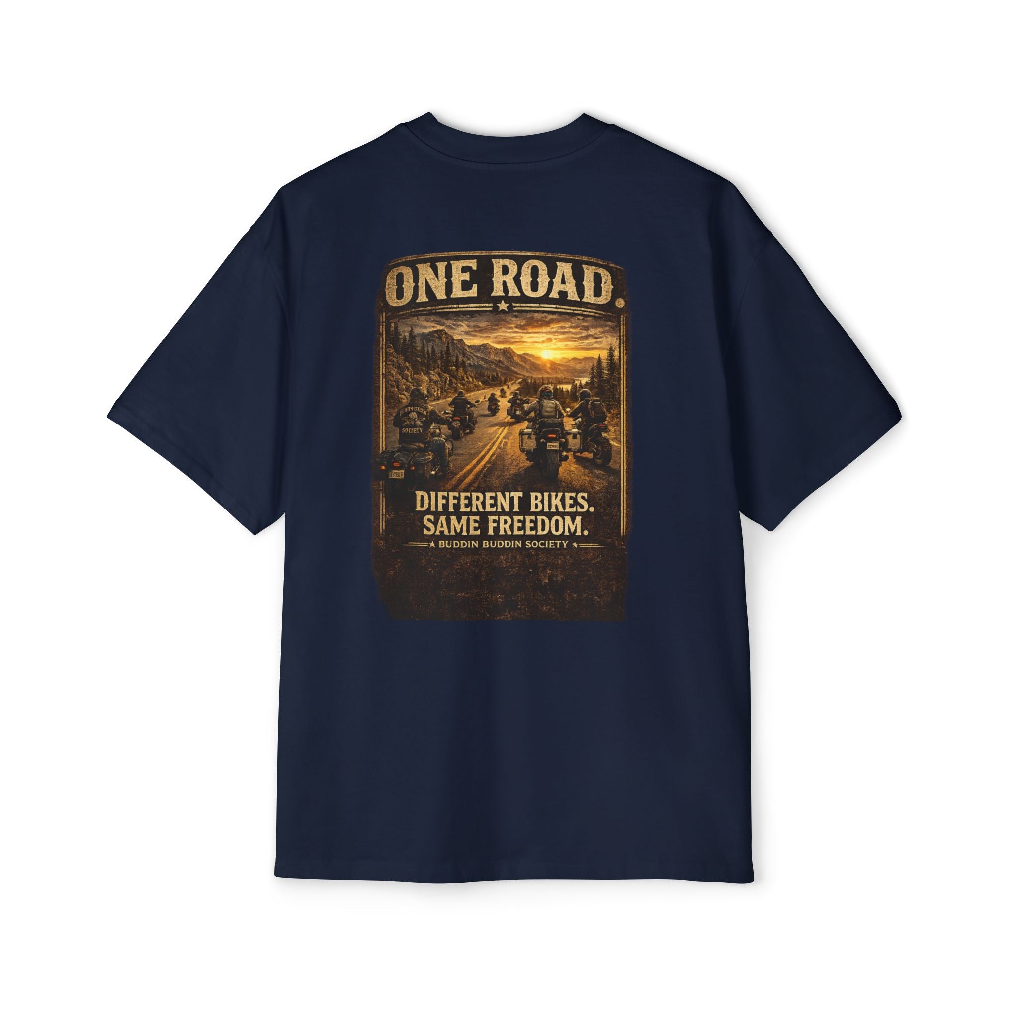 One Road Motorcycle Tee — "Different Bikes. Same Freedom." Oversized Men’s T‑Shirt
