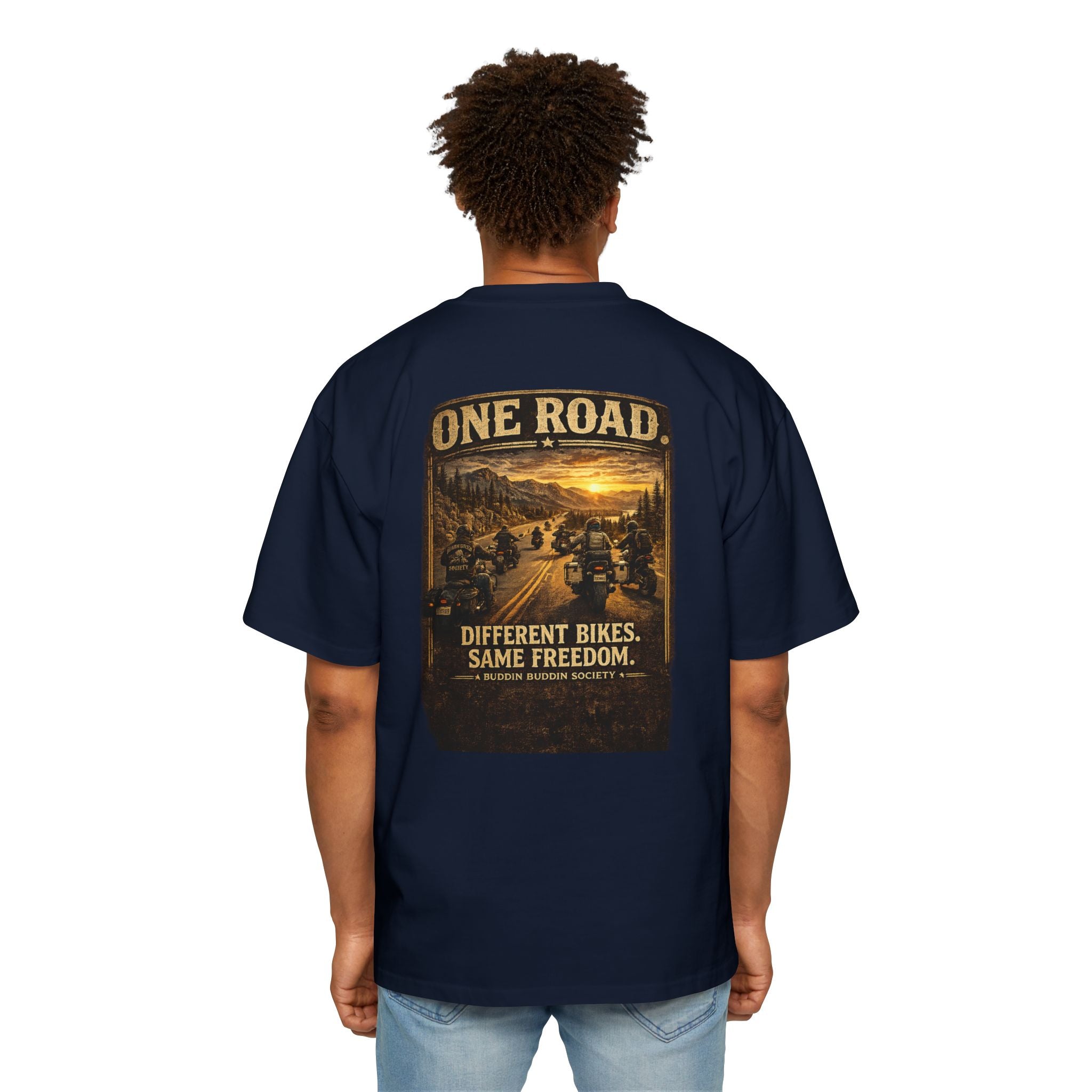 One Road Motorcycle Tee — "Different Bikes. Same Freedom." Oversized Men’s T‑Shirt