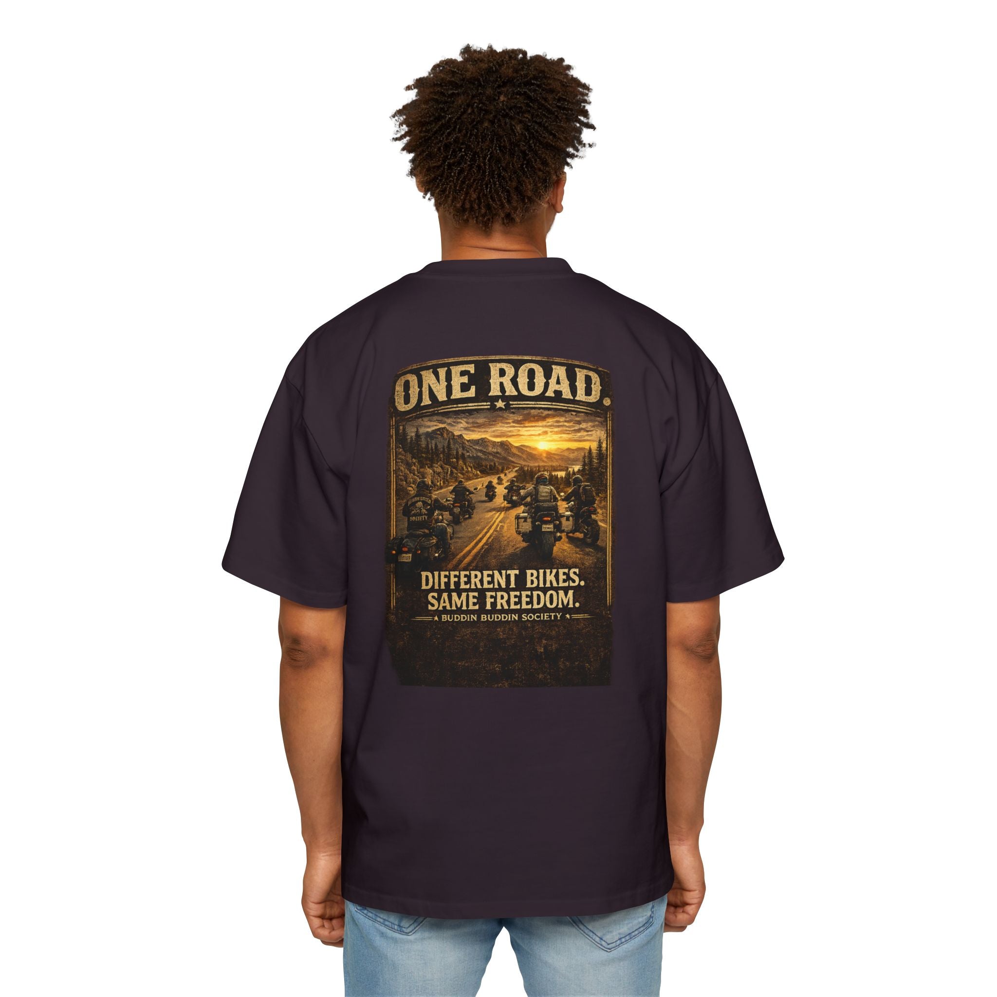 One Road Motorcycle Tee — "Different Bikes. Same Freedom." Oversized Men’s T‑Shirt
