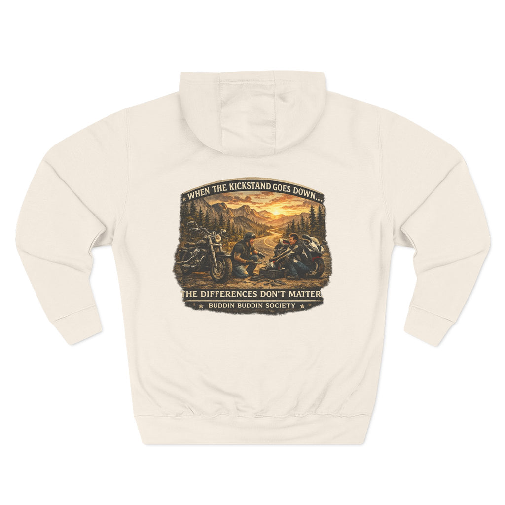 Three-Panel Fleece Hoodie — Biker Brotherhood Scenic Back Print ('When the Kickstand Goes Down')