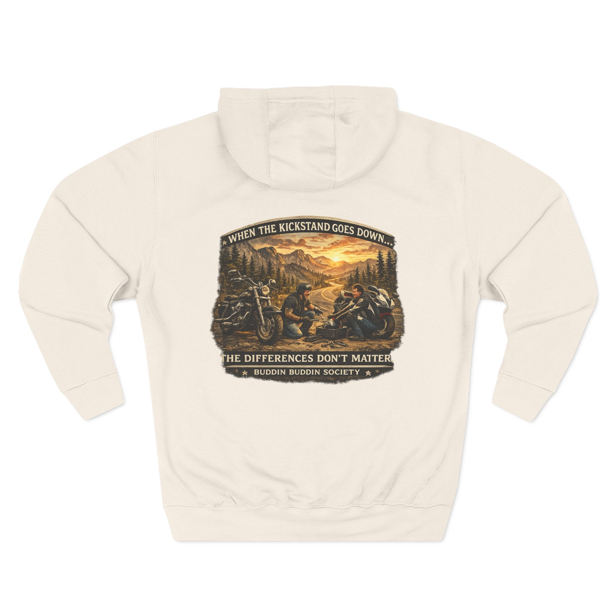 Three-Panel Fleece Hoodie — Biker Brotherhood Scenic Back Print ('When the Kickstand Goes Down')