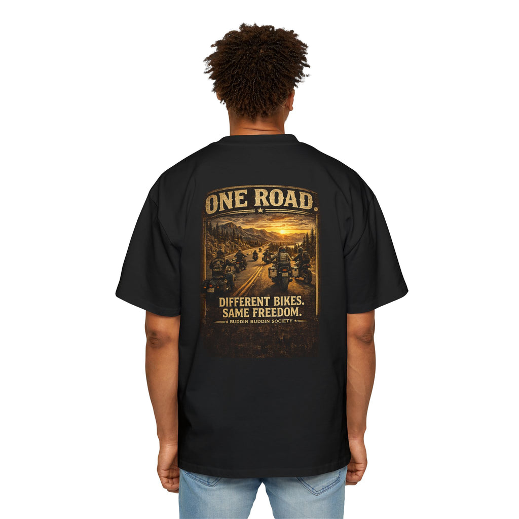 One Road Motorcycle Tee — "Different Bikes. Same Freedom." Oversized Men’s T‑Shirt