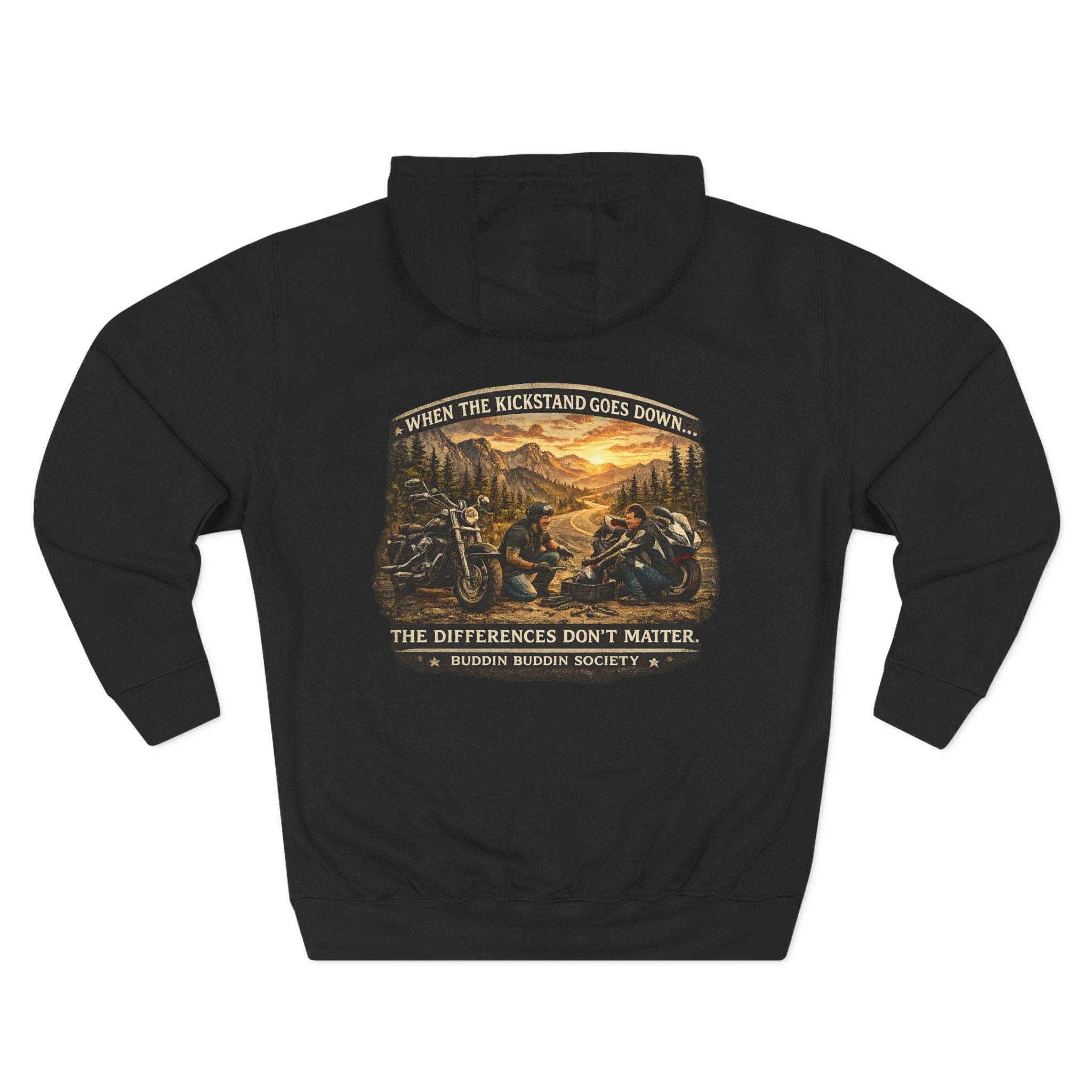 Three-Panel Fleece Hoodie — Biker Brotherhood Scenic Back Print ('When the Kickstand Goes Down')