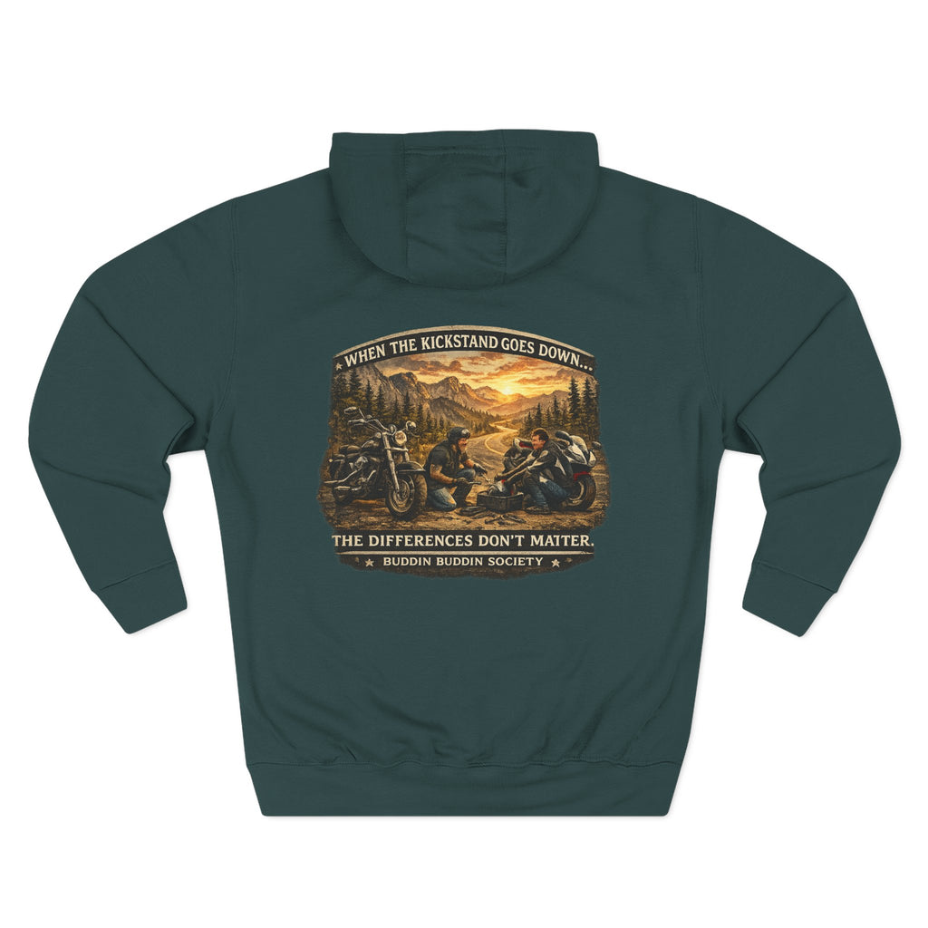 Three-Panel Fleece Hoodie — Biker Brotherhood Scenic Back Print ('When the Kickstand Goes Down')