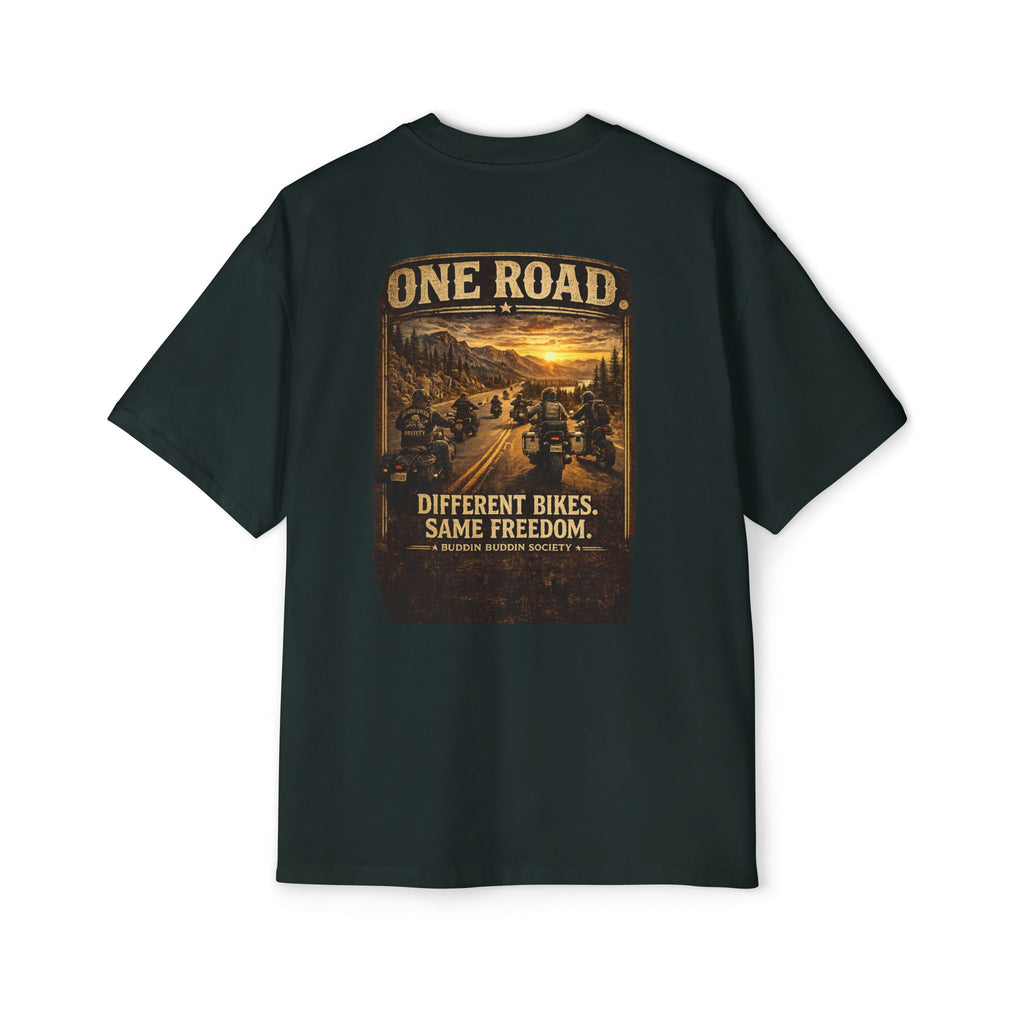 One Road Motorcycle Tee — "Different Bikes. Same Freedom." Oversized Men’s T‑Shirt