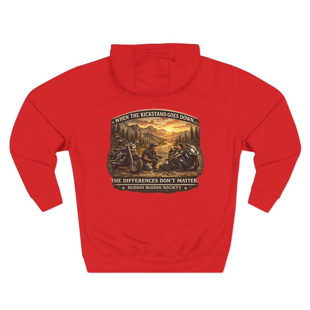 Three-Panel Fleece Hoodie — Biker Brotherhood Scenic Back Print ('When the Kickstand Goes Down')