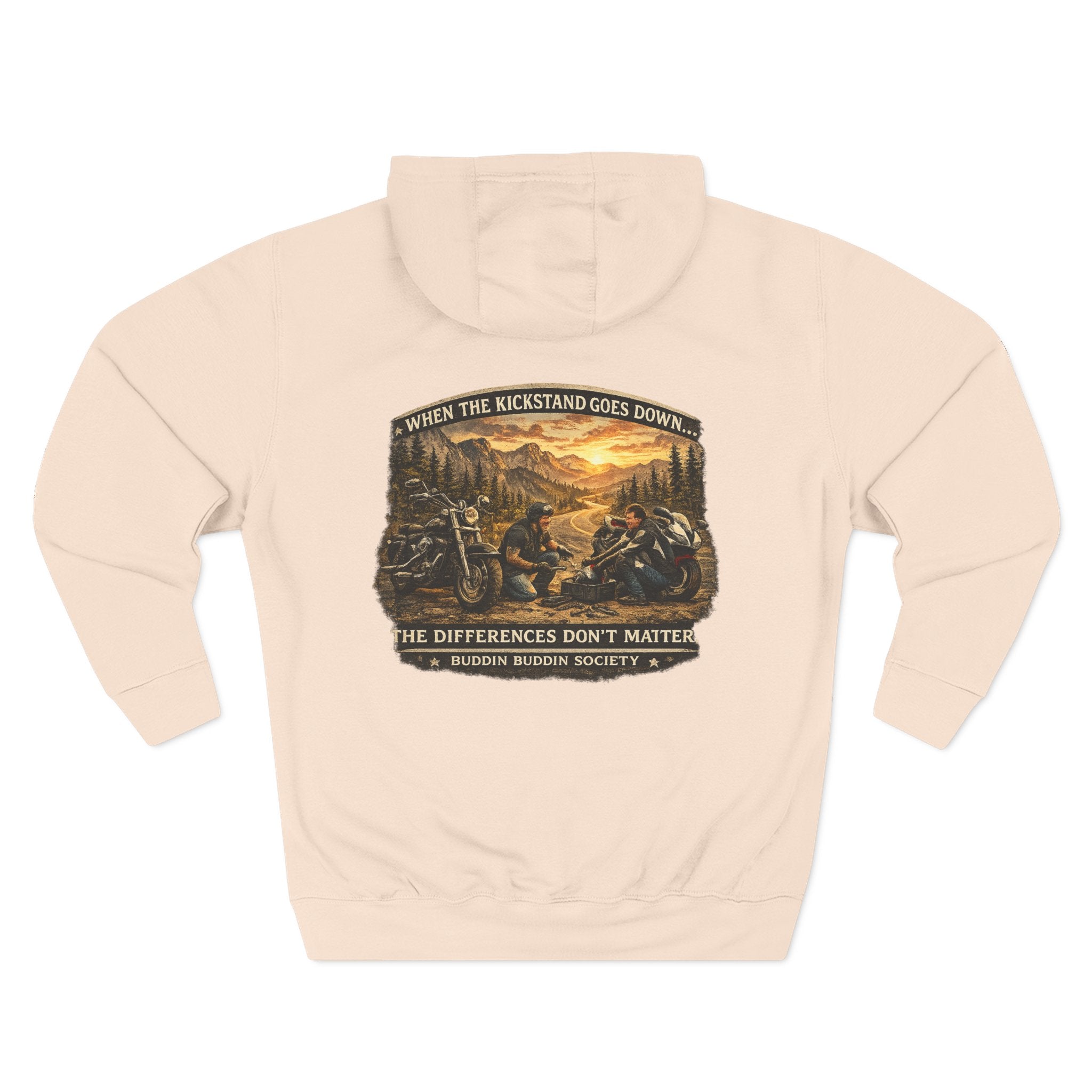 Three-Panel Fleece Hoodie — Biker Brotherhood Scenic Back Print ('When the Kickstand Goes Down')