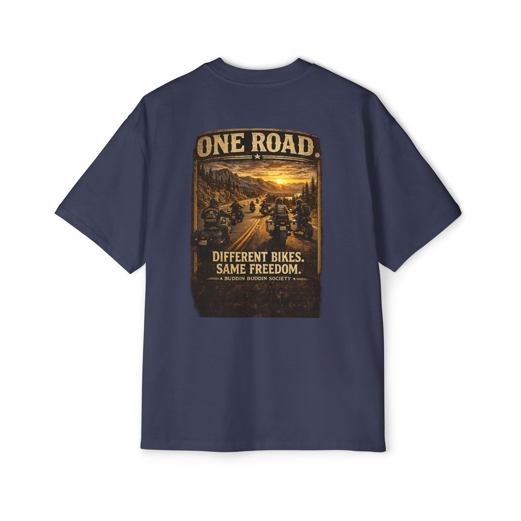 One Road Motorcycle Tee — "Different Bikes. Same Freedom." Oversized Men’s T‑Shirt