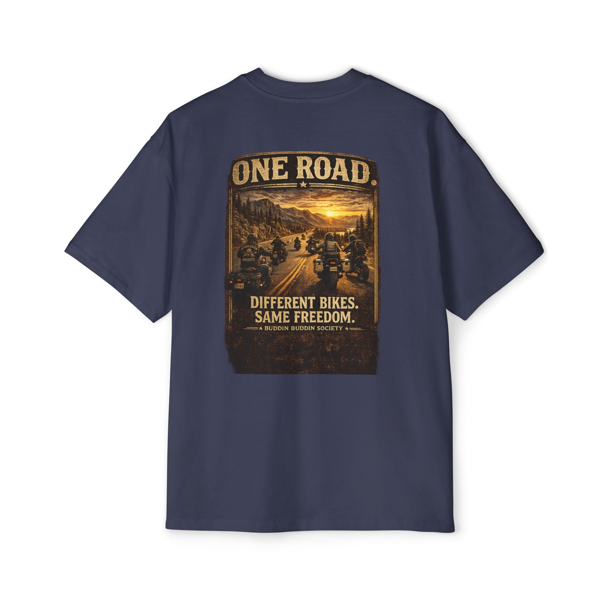 One Road Motorcycle Tee — "Different Bikes. Same Freedom." Oversized Men’s T‑Shirt