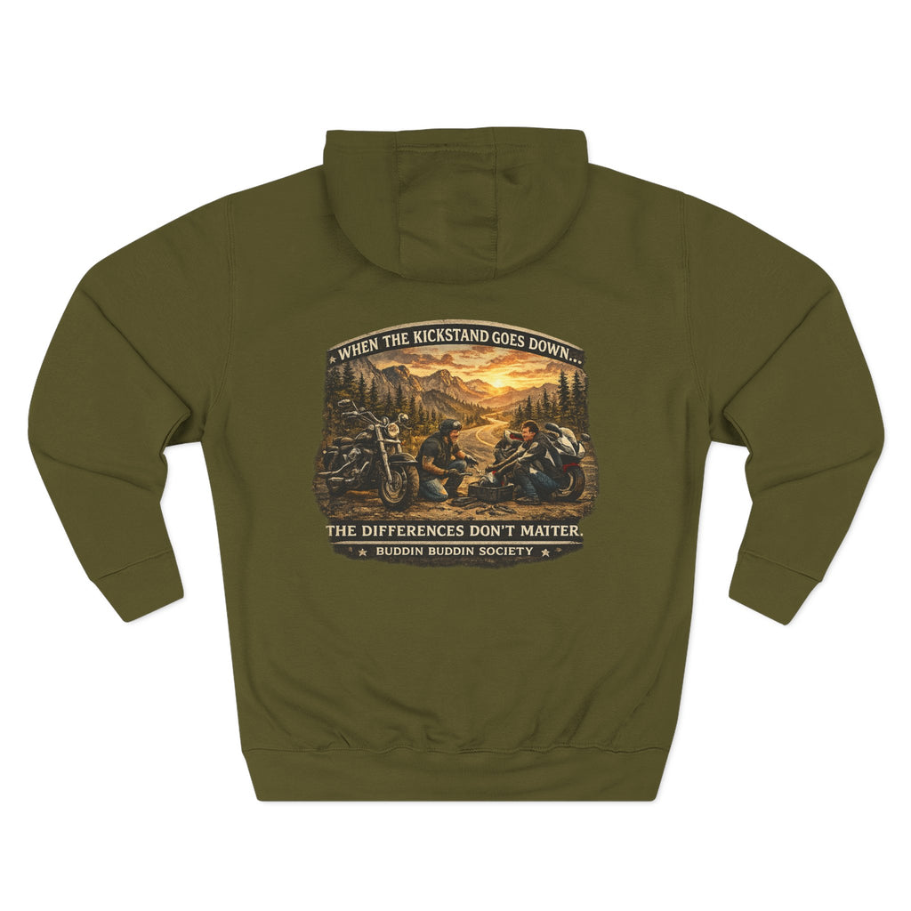 Three-Panel Fleece Hoodie — Biker Brotherhood Scenic Back Print ('When the Kickstand Goes Down')